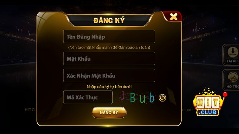 Giao diện form đăng ký tài khoản Hitclub tối giản, an toàn